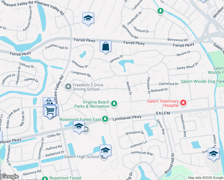 map of restaurants, bars, coffee shops, grocery stores, and more near 1620 Margin Court in Virginia Beach