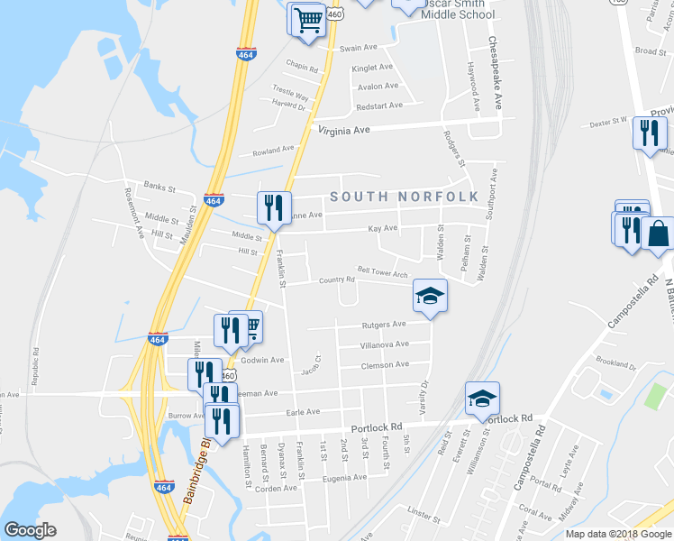 map of restaurants, bars, coffee shops, grocery stores, and more near 1325 Country Road in Chesapeake