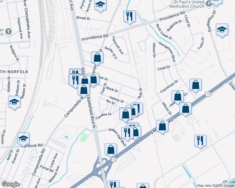 map of restaurants, bars, coffee shops, grocery stores, and more near 2716 Halsey Street in Chesapeake