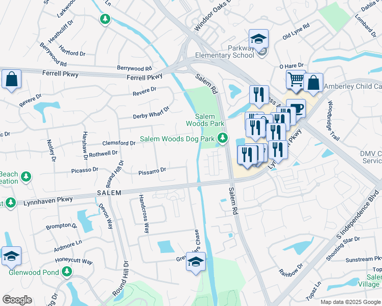 map of restaurants, bars, coffee shops, grocery stores, and more near 1400 Pissarro Circle in Virginia Beach