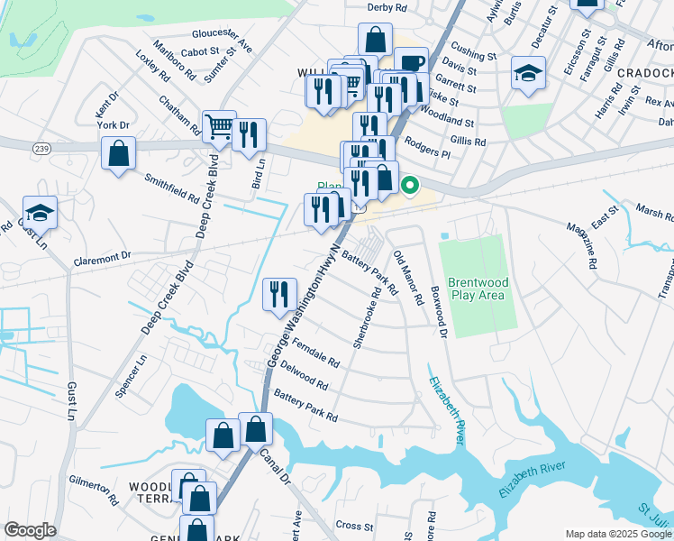 map of restaurants, bars, coffee shops, grocery stores, and more near 2328 Springdale Road in Chesapeake