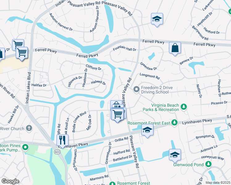 map of restaurants, bars, coffee shops, grocery stores, and more near 1459 Sangaree Circle in Virginia Beach