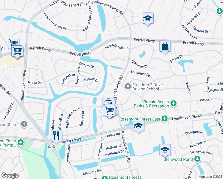 map of restaurants, bars, coffee shops, grocery stores, and more near 1477 Sangaree Circle in Virginia Beach