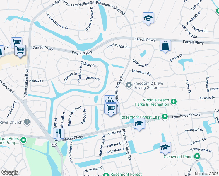 map of restaurants, bars, coffee shops, grocery stores, and more near 1463 Sangaree Circle in Virginia Beach