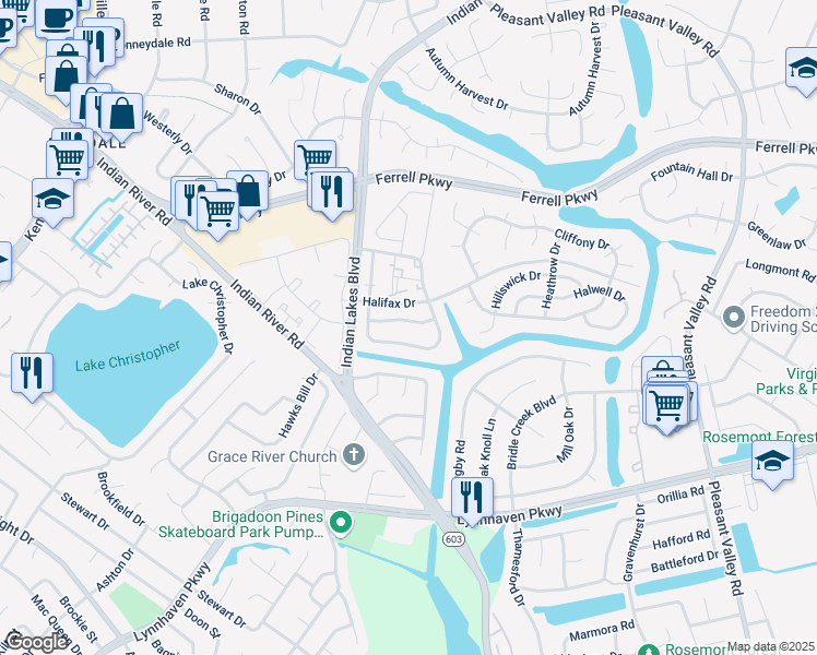 map of restaurants, bars, coffee shops, grocery stores, and more near 5217 Johnstown Lane in Virginia Beach
