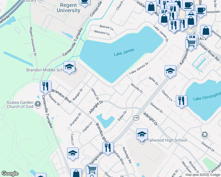 map of restaurants, bars, coffee shops, grocery stores, and more near 1497 Lake James Drive in Virginia Beach