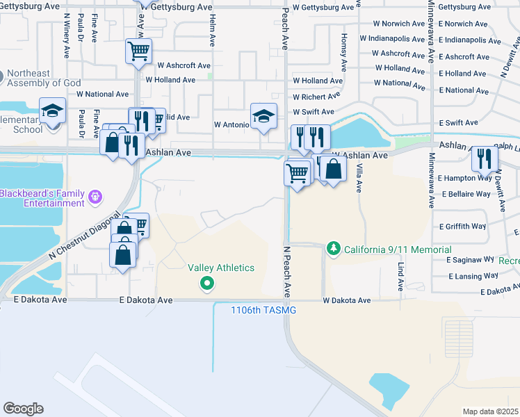 map of restaurants, bars, coffee shops, grocery stores, and more near 4085 North Peach Avenue in Fresno