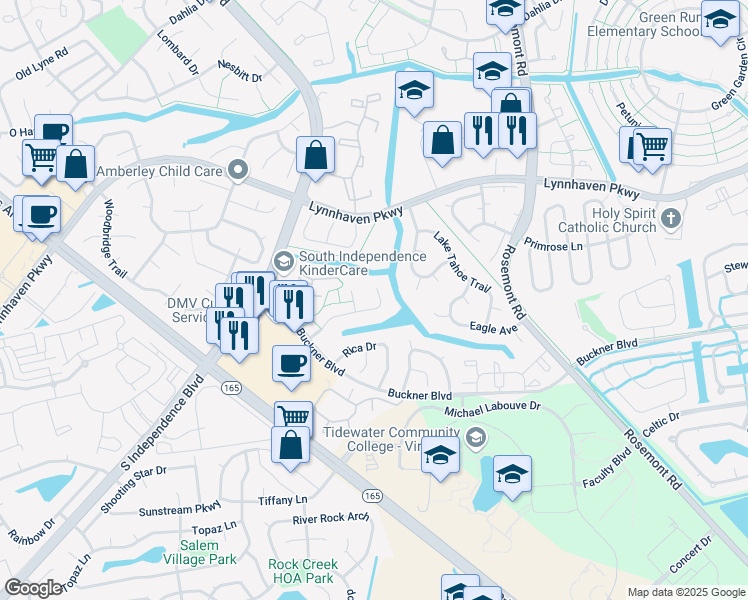 map of restaurants, bars, coffee shops, grocery stores, and more near 3820 Buchanan Drive in Virginia Beach