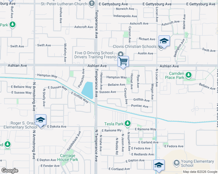 map of restaurants, bars, coffee shops, grocery stores, and more near 2675 Bellaire Avenue in Clovis