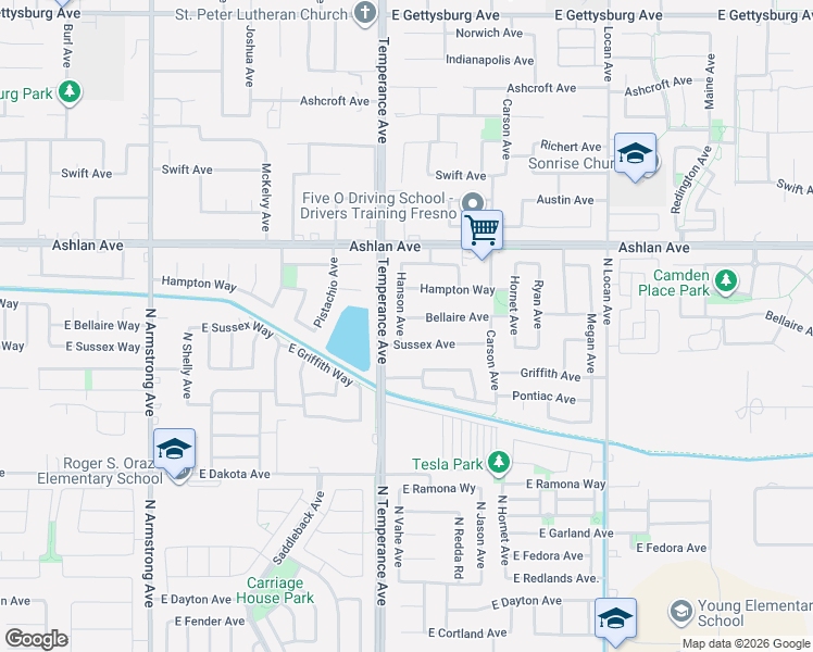 map of restaurants, bars, coffee shops, grocery stores, and more near 2675 Bellaire Avenue in Clovis