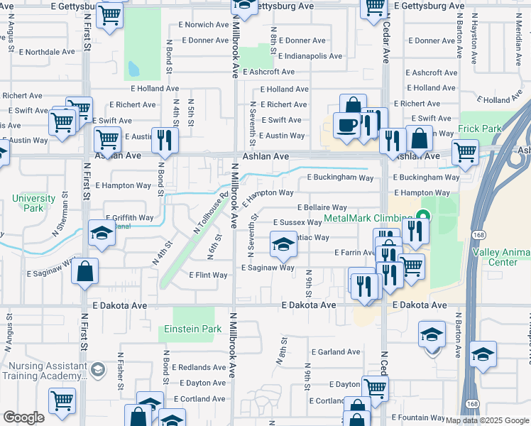map of restaurants, bars, coffee shops, grocery stores, and more near 3780 East Hampton Way in Fresno
