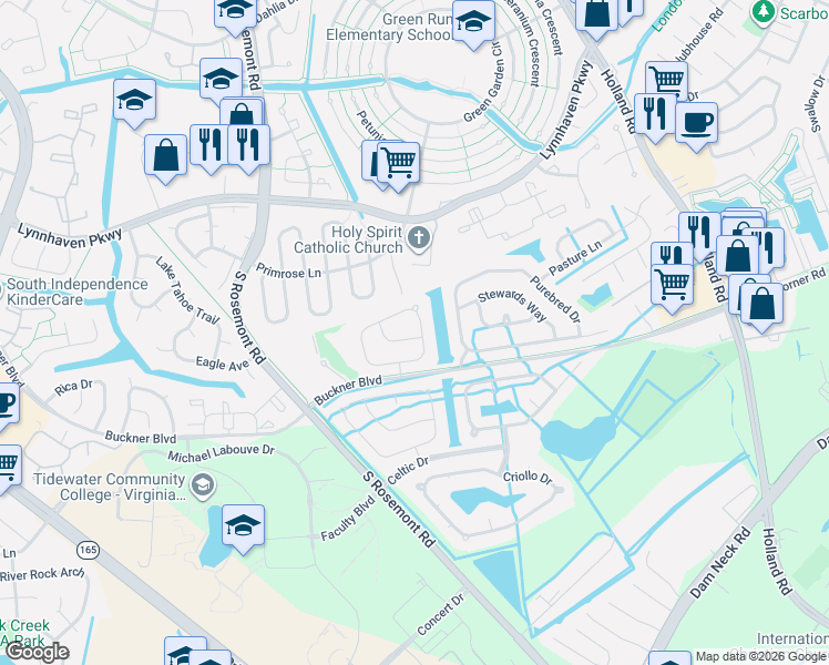 map of restaurants, bars, coffee shops, grocery stores, and more near 3601 Crofts Pride Drive in Virginia Beach