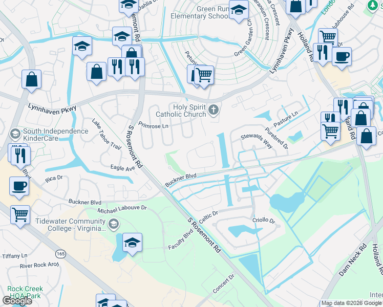 map of restaurants, bars, coffee shops, grocery stores, and more near 1459 Peony Arch in Virginia Beach