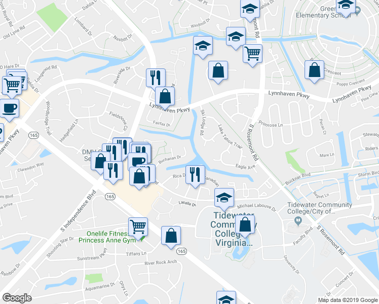map of restaurants, bars, coffee shops, grocery stores, and more near 3800 Buchanan Drive in Virginia Beach