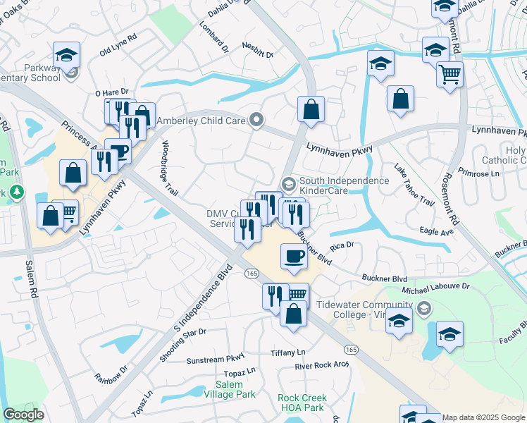 map of restaurants, bars, coffee shops, grocery stores, and more near 1488 Woodbridge Trail in Virginia Beach
