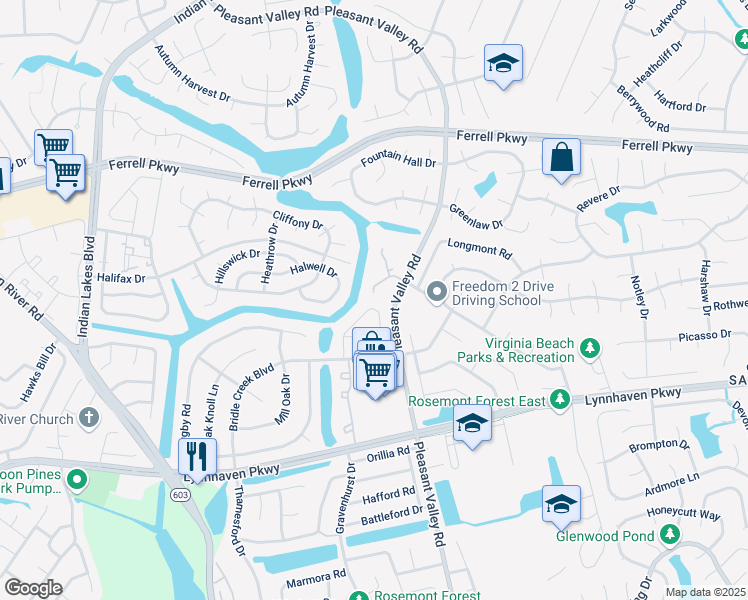 map of restaurants, bars, coffee shops, grocery stores, and more near 4900 Willow Pointe Lane in Virginia Beach