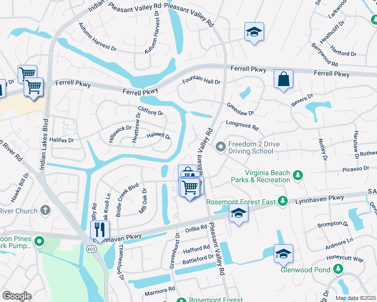 map of restaurants, bars, coffee shops, grocery stores, and more near 4900 Willow Pointe Lane in Virginia Beach