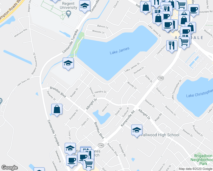 map of restaurants, bars, coffee shops, grocery stores, and more near 1497 Lake James Drive in Virginia Beach