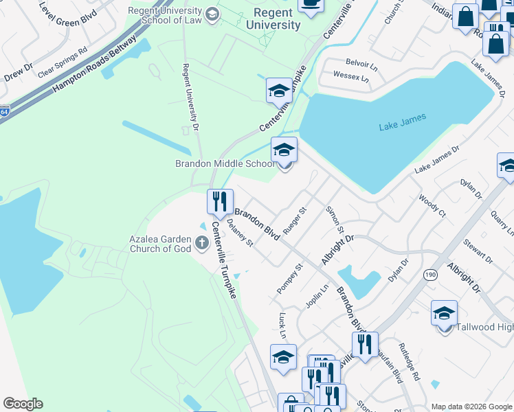 map of restaurants, bars, coffee shops, grocery stores, and more near 5724 Earnhardt Street in Virginia Beach