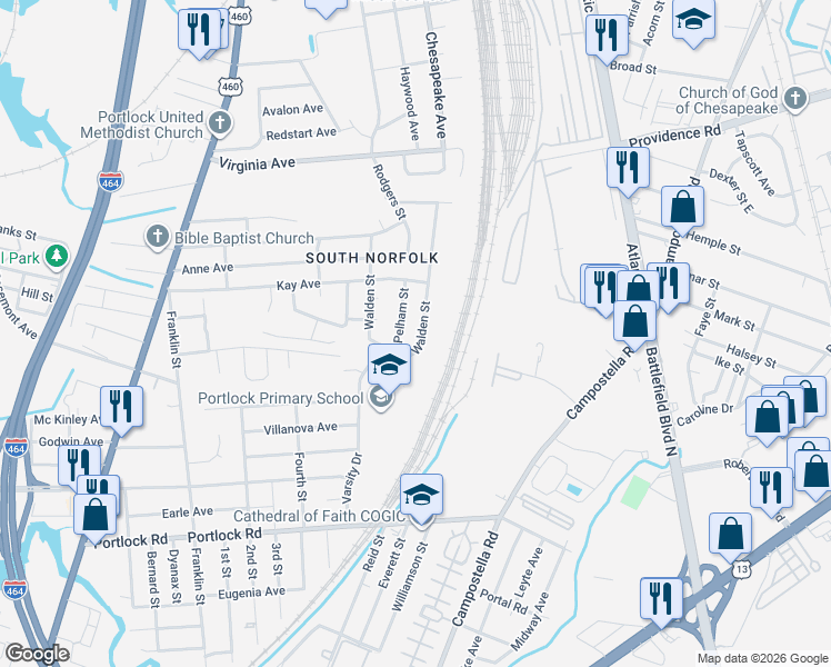 map of restaurants, bars, coffee shops, grocery stores, and more near 3011 Southport Avenue in Chesapeake