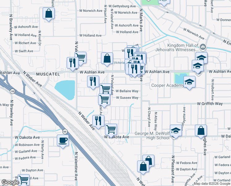 map of restaurants, bars, coffee shops, grocery stores, and more near 3705 North Feland Avenue in Fresno