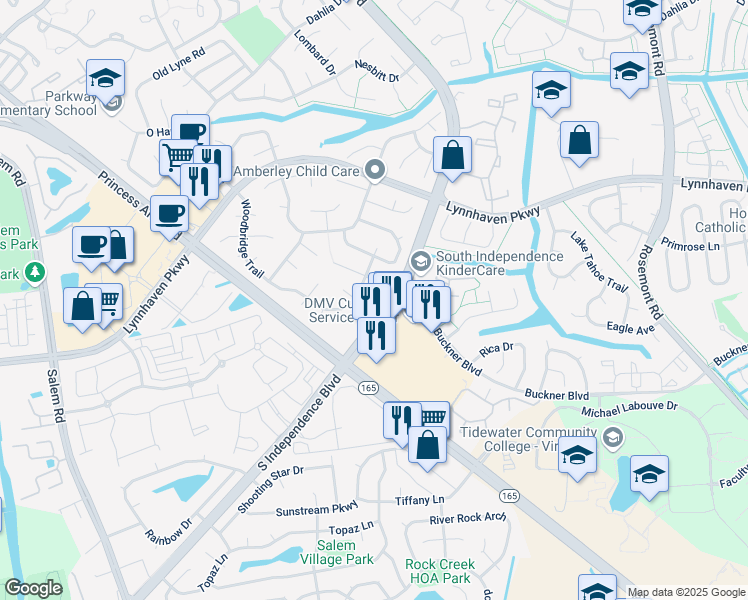 map of restaurants, bars, coffee shops, grocery stores, and more near 1401 Meadowglen Circle in Virginia Beach