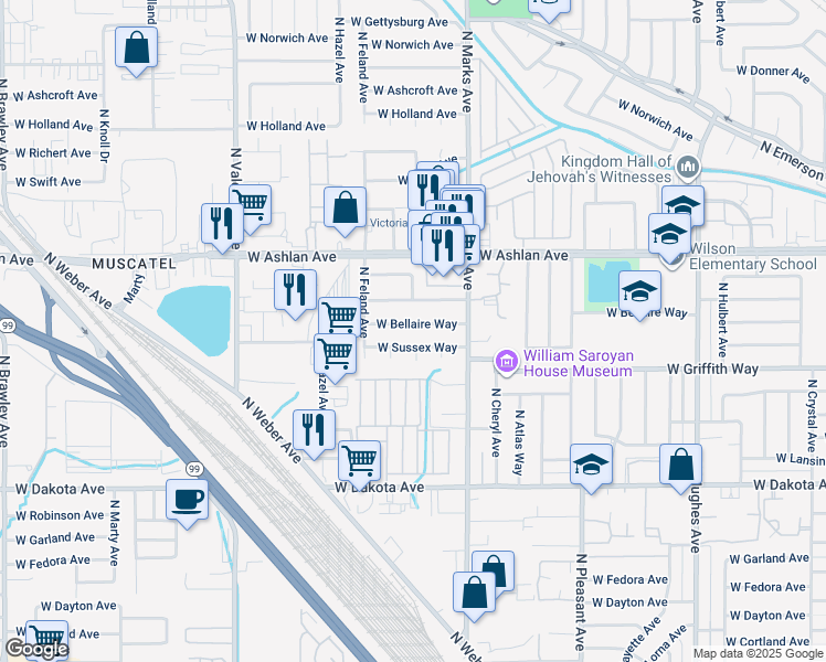 map of restaurants, bars, coffee shops, grocery stores, and more near 3095 West Bellaire Way in Fresno