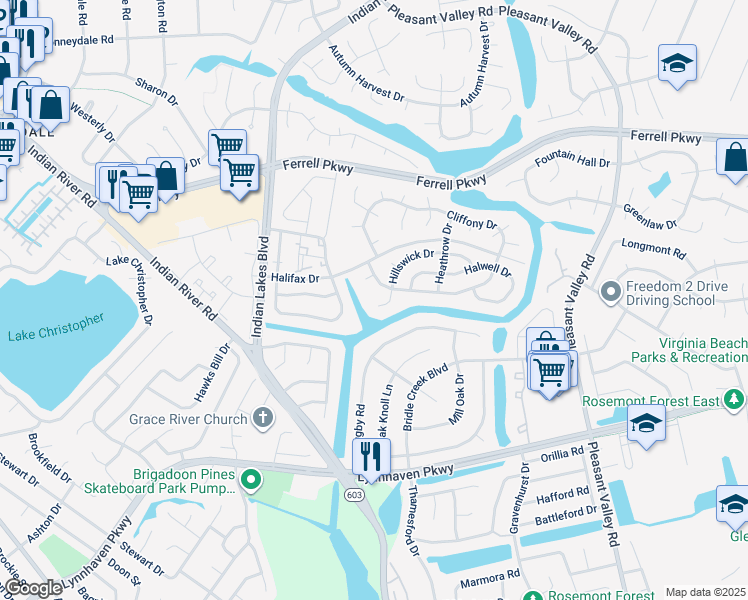map of restaurants, bars, coffee shops, grocery stores, and more near 1632 Helmsley Court in Virginia Beach