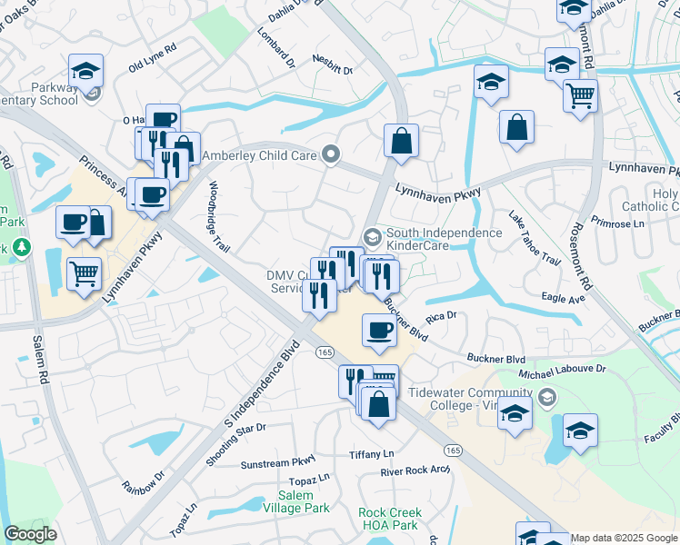 map of restaurants, bars, coffee shops, grocery stores, and more near 1488 Woodbridge Trail in Virginia Beach