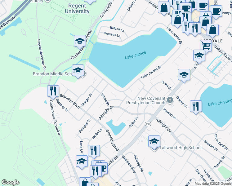 map of restaurants, bars, coffee shops, grocery stores, and more near 1612 Ellsberg Court in Virginia Beach