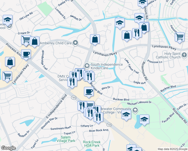 map of restaurants, bars, coffee shops, grocery stores, and more near 3522 Remington Court in Virginia Beach
