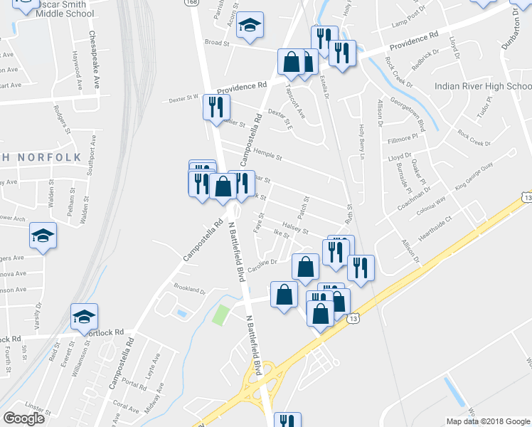 map of restaurants, bars, coffee shops, grocery stores, and more near 2701 Halsey Street in Chesapeake