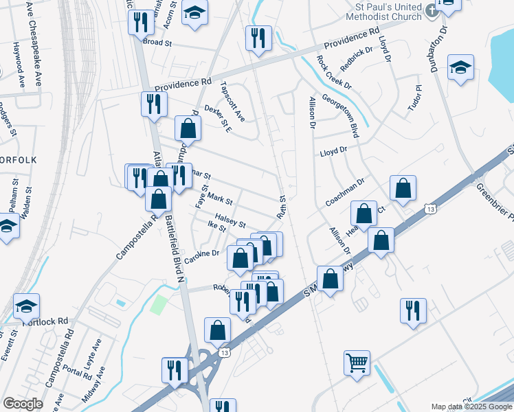 map of restaurants, bars, coffee shops, grocery stores, and more near 2811 Mark Street in Chesapeake