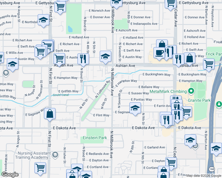 map of restaurants, bars, coffee shops, grocery stores, and more near 4084 North Millbrook Avenue in Fresno