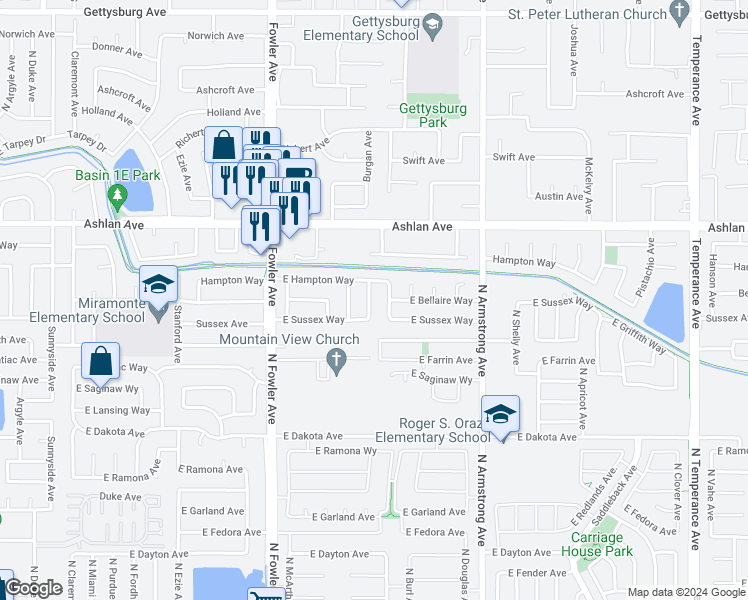 map of restaurants, bars, coffee shops, grocery stores, and more near 3668 North Burgan Avenue in Fresno