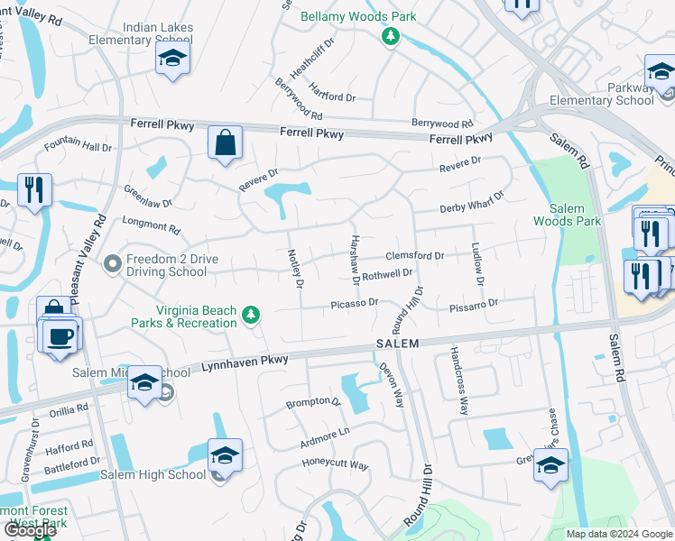 map of restaurants, bars, coffee shops, grocery stores, and more near 4608 Rothwell Court in Virginia Beach