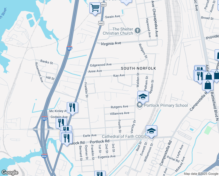 map of restaurants, bars, coffee shops, grocery stores, and more near 860 Bell Tower Arch in Chesapeake