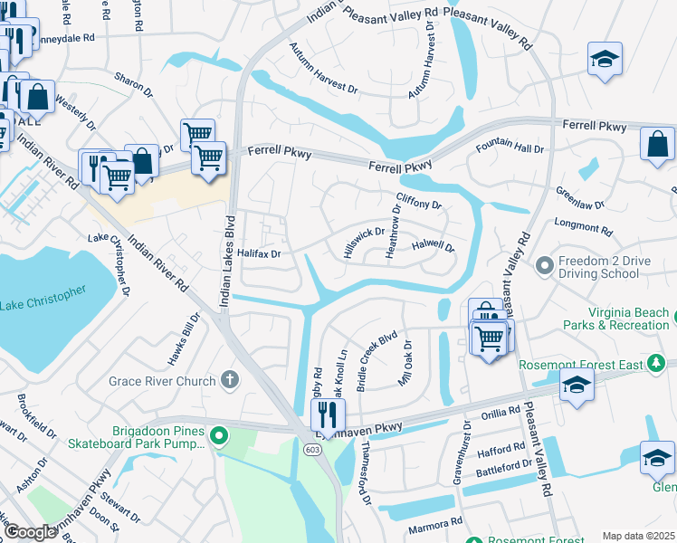 map of restaurants, bars, coffee shops, grocery stores, and more near 1624 Helmsley Court in Virginia Beach