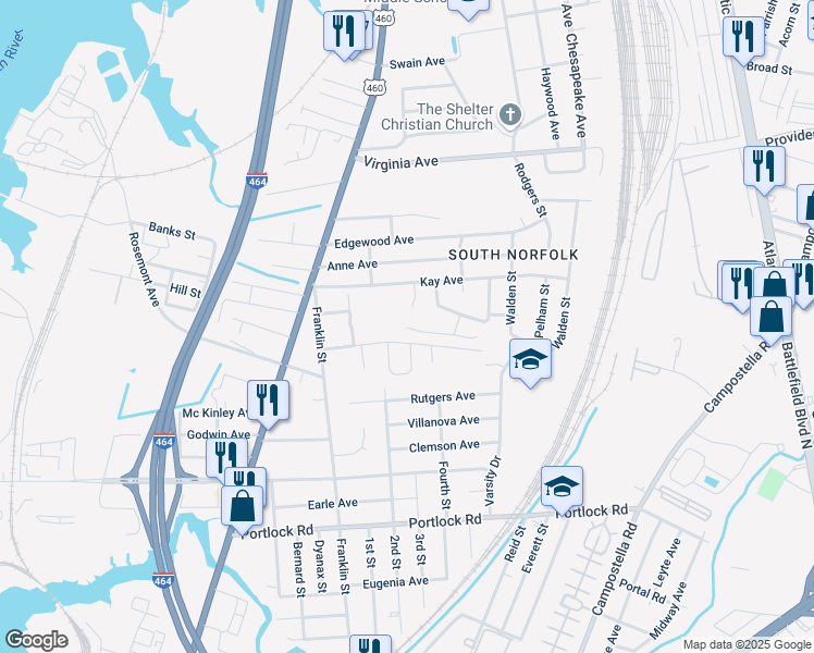 map of restaurants, bars, coffee shops, grocery stores, and more near 860 Bell Tower Arch in Chesapeake