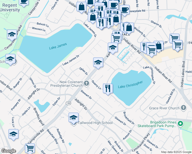 map of restaurants, bars, coffee shops, grocery stores, and more near 1533 Quarry Court in Virginia Beach