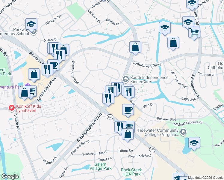 map of restaurants, bars, coffee shops, grocery stores, and more near 1401 Meadowglen Circle in Virginia Beach