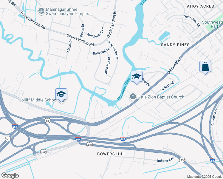 map of restaurants, bars, coffee shops, grocery stores, and more near 3800 Pine Grove Circle in Chesapeake