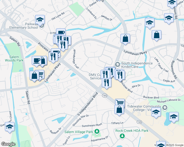 map of restaurants, bars, coffee shops, grocery stores, and more near 1425 Woodbridge Trail in Virginia Beach