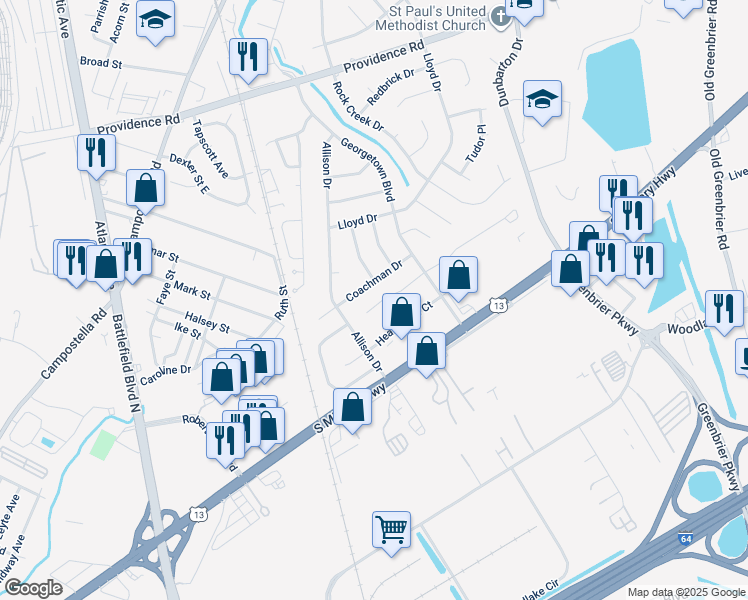 map of restaurants, bars, coffee shops, grocery stores, and more near 240 Coachman Drive in Chesapeake