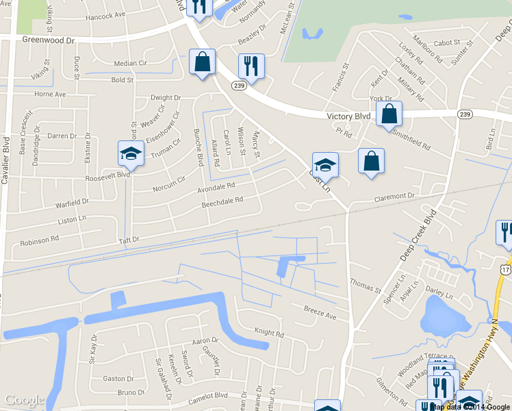 map of restaurants, bars, coffee shops, grocery stores, and more near 101 Glenwood Drive in Portsmouth