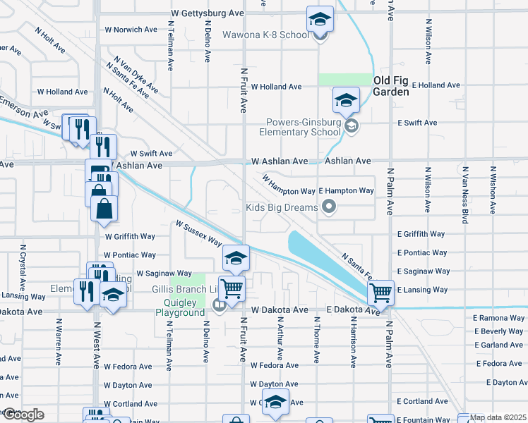 map of restaurants, bars, coffee shops, grocery stores, and more near 4104 North Fruit Avenue in Fresno