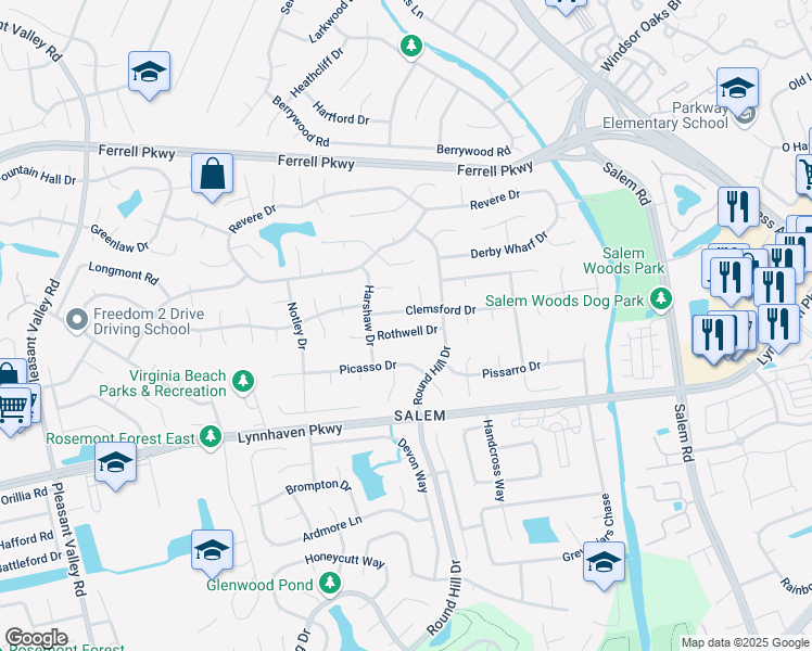 map of restaurants, bars, coffee shops, grocery stores, and more near 4516 Rothwell Drive in Virginia Beach