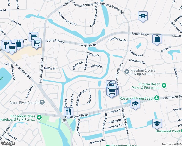 map of restaurants, bars, coffee shops, grocery stores, and more near 4929 Cliffony Drive in Virginia Beach