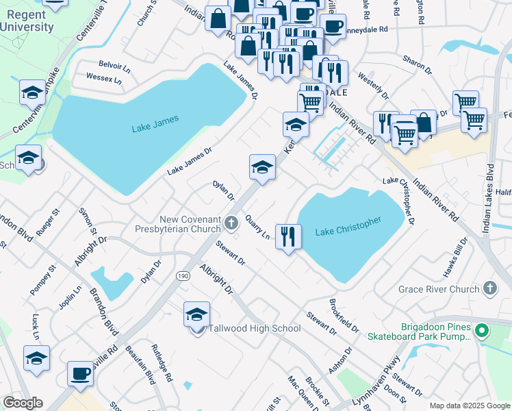 map of restaurants, bars, coffee shops, grocery stores, and more near 1533 Quarry Court in Virginia Beach