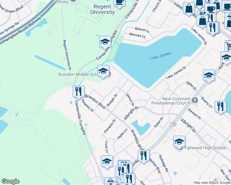 map of restaurants, bars, coffee shops, grocery stores, and more near 1701 Rueger Street in Virginia Beach